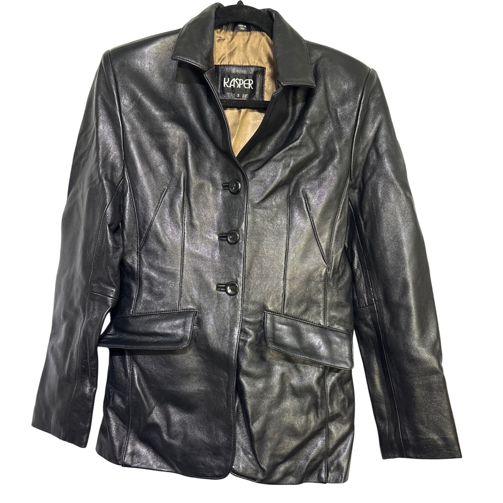 Kasper Black Leather Blazer Jacket Womens Size Small Button Front Pockets